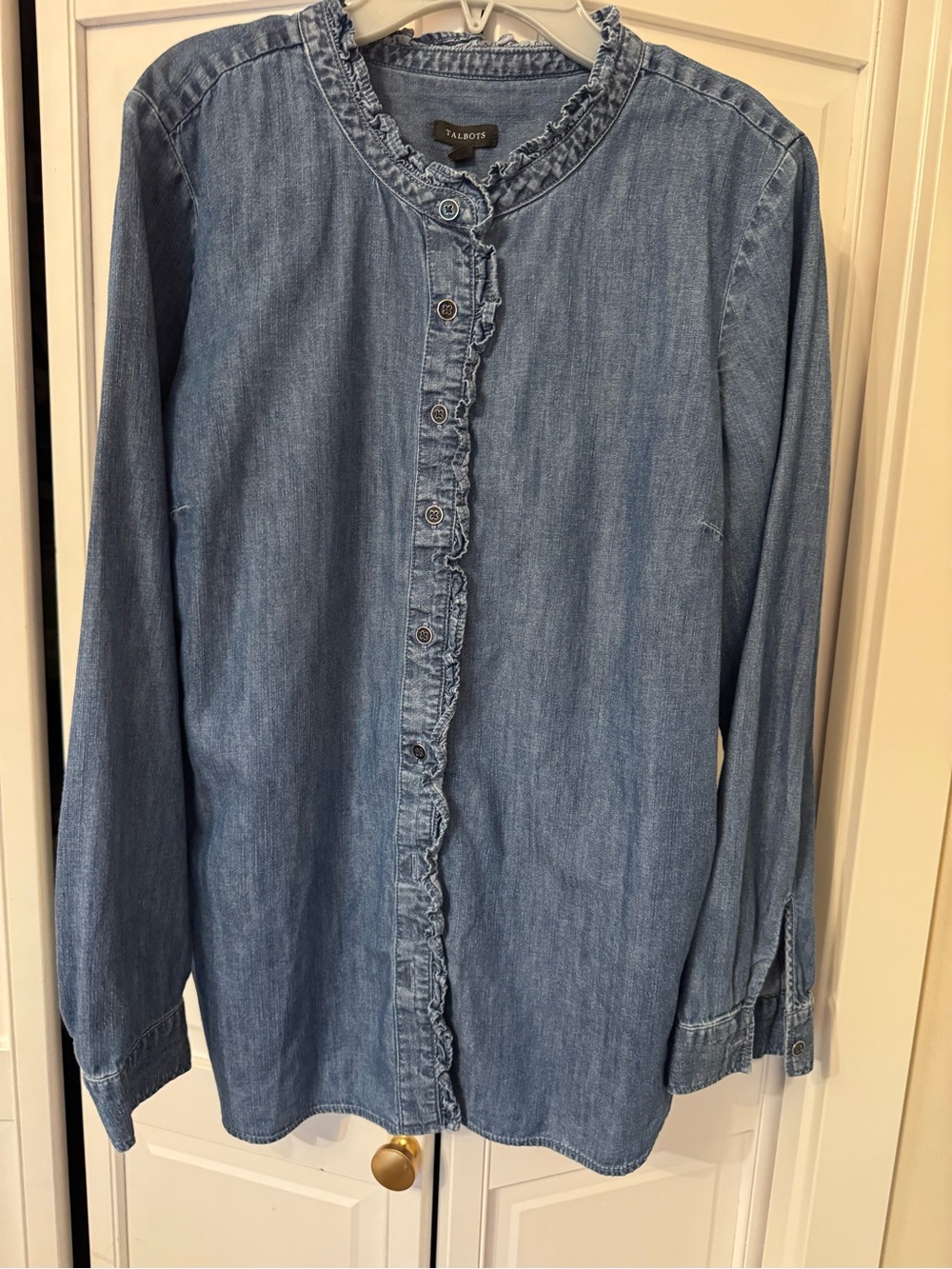 Talbots Light Blue Denim Ruffle-Trim Button-Front Shirt